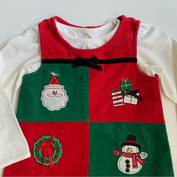 Christmas Dress 4T Red Corduroy Jumper Tree Santa Snowman presents White Shirt - Picture 3 of 13